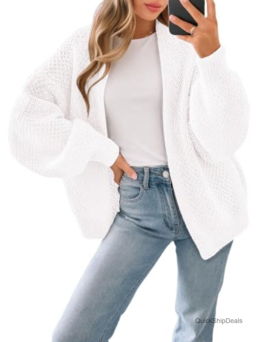 Waffle Knit Oversized Slouchy Open Front Cardigan Sweater Long Sleeve